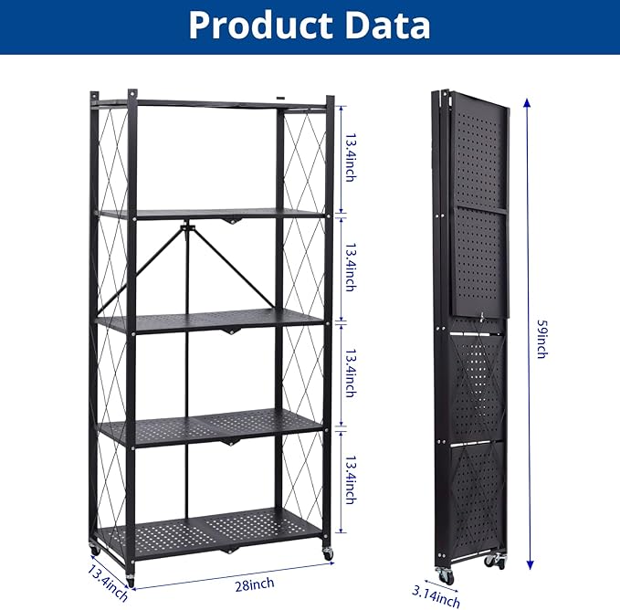 5 Tier Foldable Storage Shelf with Wheels, Heavy-Duty Metal Shelving Unit, No Assembly Book Shelf Rolling Storage Rack for Garage, Kitchen, Pantry, Closet, Exhibition, Office Decor, Black