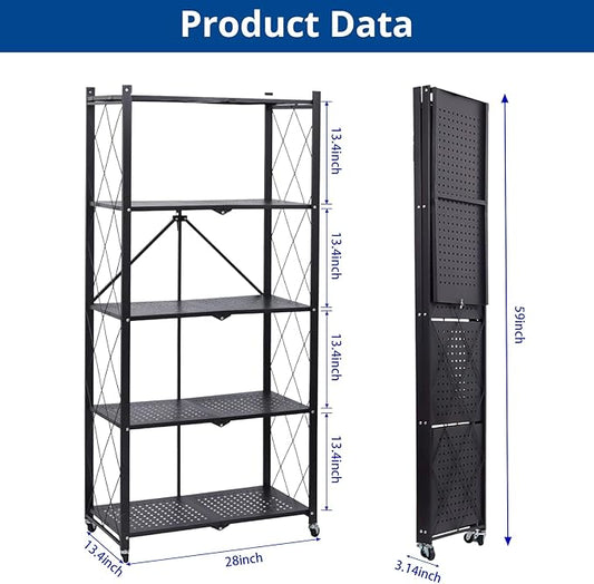 5 Tier Foldable Storage Shelf with Wheels, Heavy-Duty Metal Shelving Unit, No Assembly Book Shelf Rolling Storage Rack for Garage, Kitchen, Pantry, Closet, Exhibition, Office Decor, Black