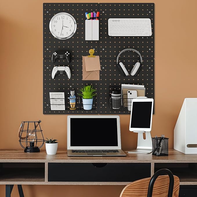 FZK Peg Board, 25pcs PegBoard Wall Organizer, 12in*12in, Includes 4 Black Pegboard and Accessories, Plastic PegBoard for Room, Office, Game Room, Kitchen and Bathroom