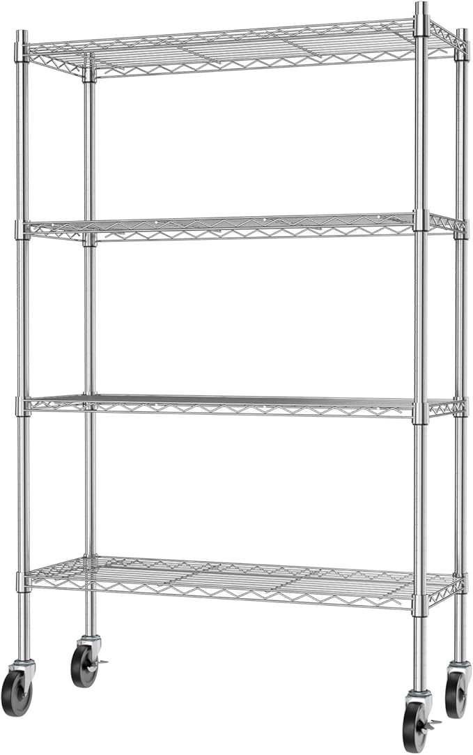 Auslar 4-Shelf Storage Shelves with Casters Heavy Duty 4 Tiers Rolling Cart Utility Racks Adjustable Wire Metal Shelving, Chrome
