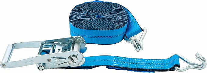 Mytee Products 20 Pack 2 inch x30 ft Heavy Duty Ratchet Straps with Double J Hooks - 10,000 Lbs Breaking Strength Blue Tie Down Straps w/Wire Hooks for Industrial Use, Trailers, Truck Cargo