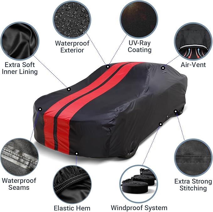 iCarCover Custom Car Cover for Mercedes-Benz 400-Series, 450SE, 450SEL (1975-1981) Waterproof All-Weather Rain Snow UV Sun Protector Full Exterior Indoor Outdoor Car Cover (Stripe - Black/Red)