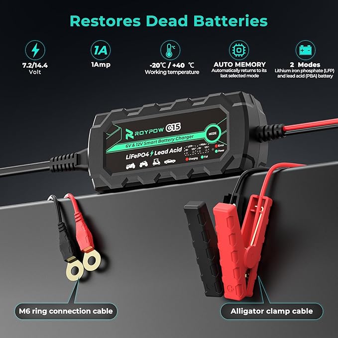 6V/12V 1A Lithium Battery Charger, RoyPow 1A Smart battery Chargers Automatic Trickle Battery chargers Battery Maintainer for Motorcycle, Car, ATVs, Lawn Mower, Lead Acid Batteries & Lithium Batteries