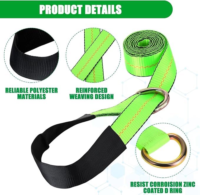 8 Pack Lasso Tow Truck Straps with D Ring 11, 000 Lbs Break Strength D Ring Auto Tie Down Wheel Lift Trailer Strap for Hauling Utv SUV Wrecker Rollback (2" X 12ft,Green)