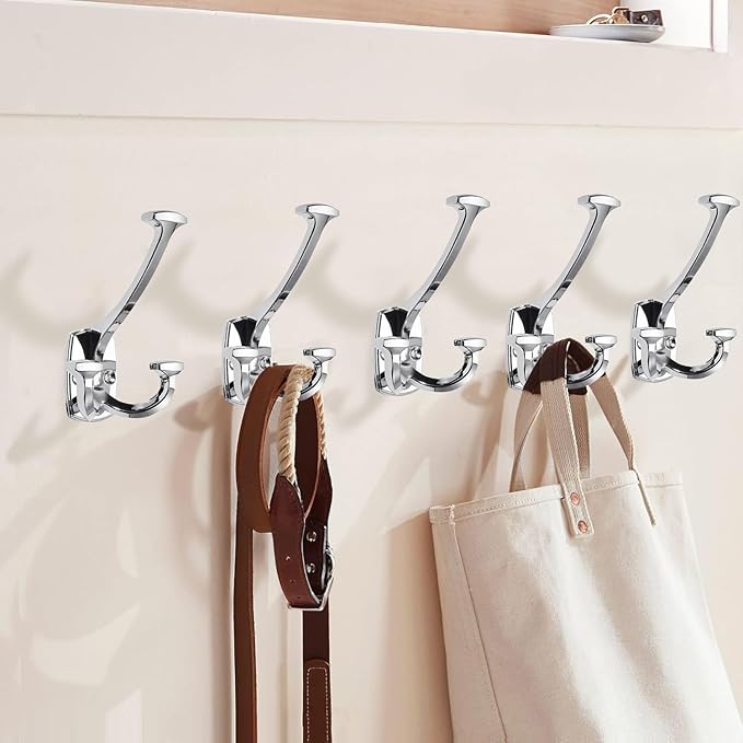 Large Wall Double-Sided Hook 10 Pack Polished Chrome Hook Decorative Heavy Duty Solid Large Coat Hooks for Towel Hanging Coats Robe Towel Bags Door Back 2 Prong Hooks