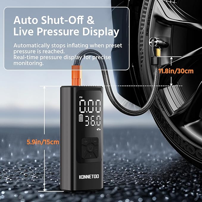 KONNETOO Inflator Portable Air Compressor - Air Pump for Car Tires with Tire Pressure Gauge - One Click Smart Pump Tire Inflator for Car, Motorcycle, Bicycle and More