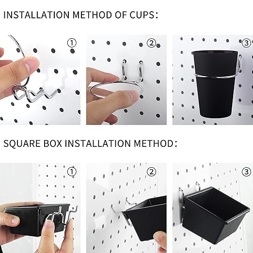 Kuhome 6 Sets Pegboard Bins with Hooks - Pegboard Organizer for Accessories, Tools, Storage - Office, Workshop, Garage - Black
