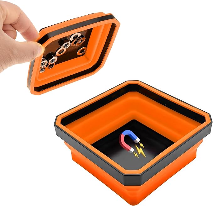 Collapsible Magnetic Parts Tray, 4.5 Inch Foldable Magnetic Square Silicone Tray, Tool Tray Set with Double-Sided Magnetic Base for Screw Bolts Nuts Pins, Car Accessories (Orange)