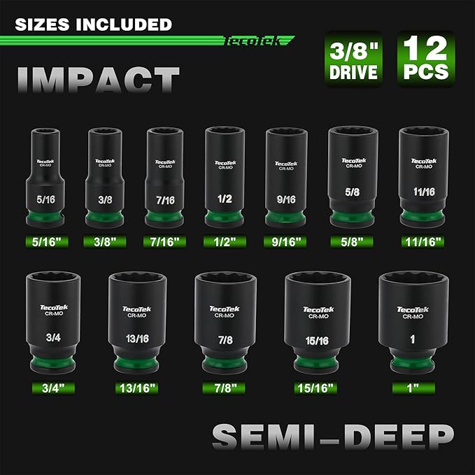 3/8-Inch Drive 12-Point SAE Semi-Deep Impact Socket Set, Mid-Length Socket Set, 5/16-Inch to 1-Inch, CR-MO, Stamped and Ink Filled Size Marking, 12-Piece
