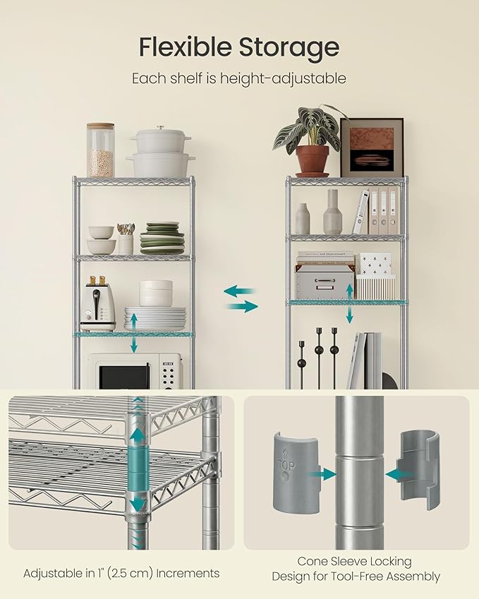 SONGMICS Storage Shelf, Metal Wire Shelving Unit, Adjustable Shelves, for Garage, Bedroom, Living Room, Kitchen, Pantry, 5 Tier, 11.8 x 23.6 x 63.4 Inches, Silver Color ULGR165EA01S