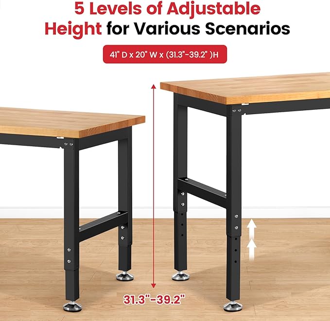 ENJOYWOOD 41" x 20" Adjustable Height Workbench for Garage Heavy Duty Rubberwood Top Work Table 1500 LBS Capacity Work Bench for Workshop, Office & Home