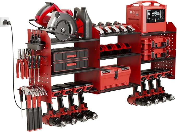Power Tool Organizer Wall Mount with Charging Station, 8 Drills Holder Garage Wall Tool Organizer with 4 Pegboard Hooks, 6.5FT Outlet Power Strip, 45.5“ Heavy Duty Garage Organization for Mens Gifts