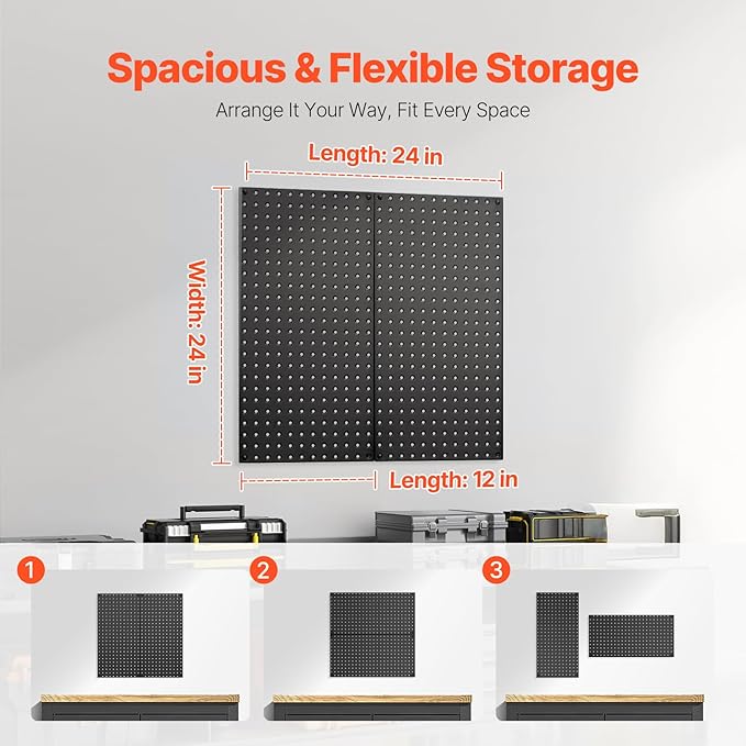 VEVOR Metal Pegboard Panels, 24" x 12" Pegboard, 2 Panels, Heavy Duty Steel Peg Board Wall Organizer, for Living Room Garage Tool Storage Workbench Office Organization Craft Room Kitchen Home, Black