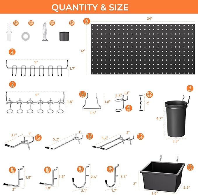 INCLY 226PCS Metal Pegboard Wall Organizer, 48x36 Inch Black Peg Board Panels Tool Organizer Kit with Hooks Bins and Cups, Peg Board Storage System for Garage Workbench Shed