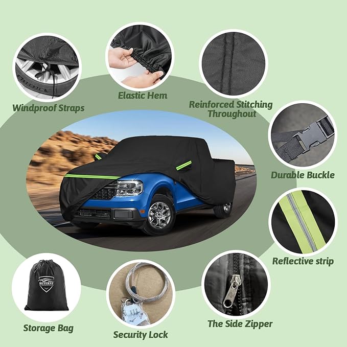 Truck Car Cover for 2021-2025 Ford Maverick, 210T Sun Rain UV Dust Snow Protection Waterproof 4.5 Feet Bed Pickup Covers with Zipper Door & Windproof Bands for Ford Maverick XL/XLT/Lariat-(Black)