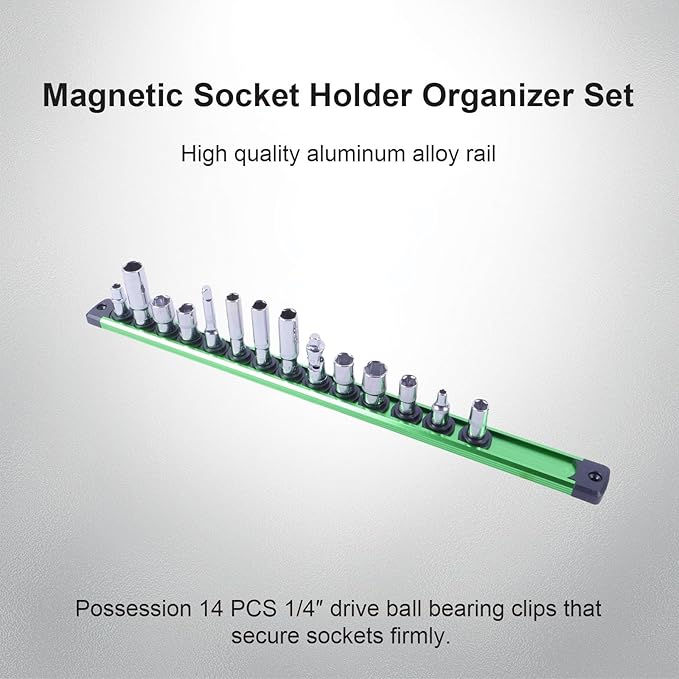 Magnetic Socket Holder Organizer Set:1/4-Inch Drive Socket Trays Socket, 360° Swivel 14 Clips Socket Holder Kit, For Automotive Mechanic Garage (Green)