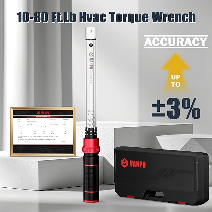 VANPO HVAC Torque Wrench 10–80 Ft-lb, 9×12mm, Adjustable Click Torque Wrench with Open End Heads (17–32mm), ±3% Accuracy for Mini Split AC & Refrigeration Flare Nut Installation