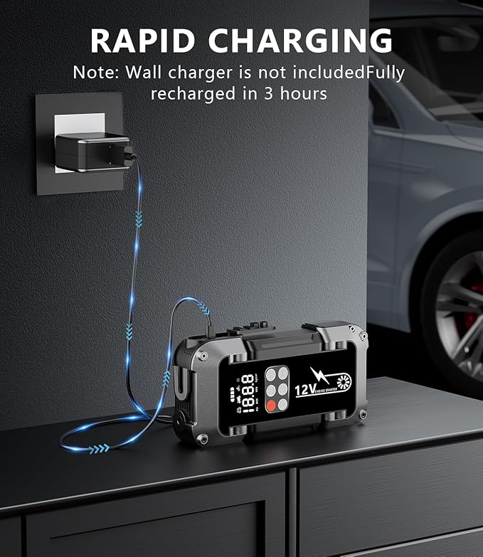 Car Jump Starter with Air Compressor, 4000A Portable Jump Starter Battery Pack with 150PSI Tire Inflator (All Gas/8L Diesel) Jump Box 12V Car Battery Charger, 3 Modes Flashlight and Jumper Cables