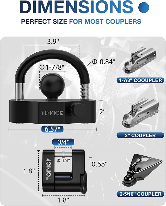 TOPICK Universal Trailer Hitch Lock Set, Includes Heavy-Duty Coupler Ball Lock & Coupler Latch Lock, Keyed Alike, Anti-Theft, All-Weather Protection for RVs, Boats, Trucks & Utility Trailers