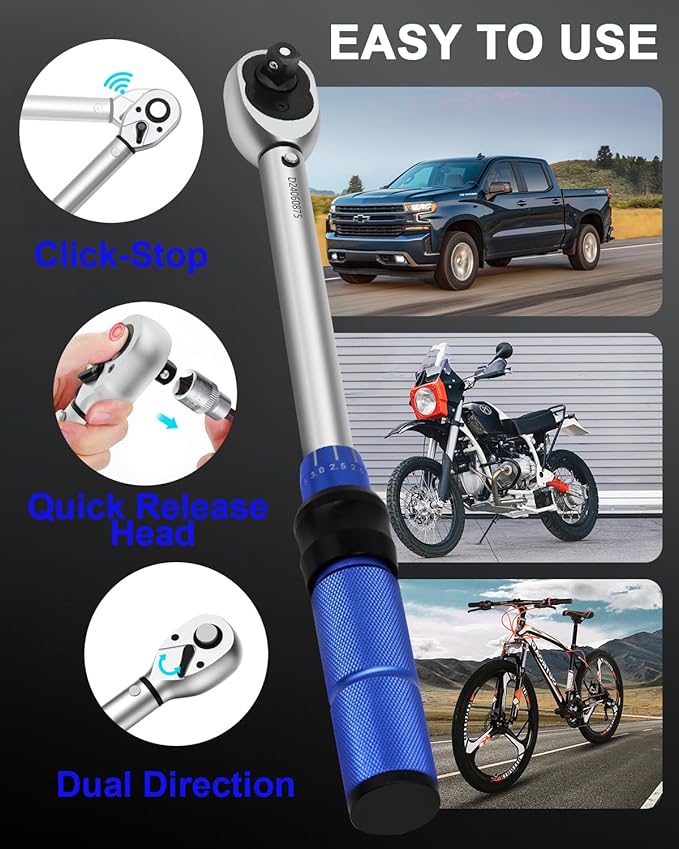 32Pcs Torque Wrench Set, 1/4 3/8 1/2-inch Drive Torque Wrench with Hex, Torx, Sockets, Extension Bar, Spark Plug Socket for Bike, Motorcycle, Car Spark (Blue Handle)