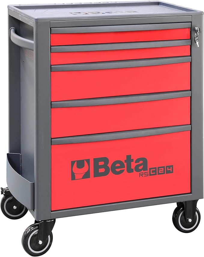Beta RSC24 Red 5 Drawer Heavy Duty Rolling Tool Cabinet | Mobile Steel Tool Chest with Ball Bearing Slides | 1760 lbs Load Capacity | 5" Casters | Lockable Portable Toolbox | Made in Italy
