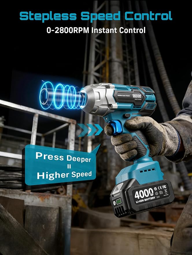 Seesii Cordless Impact Wrench 1/2 inch, High Torque 479 Ft-lbs(650Nm) Brushless Impact Gun,2500RPM w/2x4.0 Battery, 6 Sockets,8 Drill Bits, High Torque Power Impact Driver for Car Home,WH700