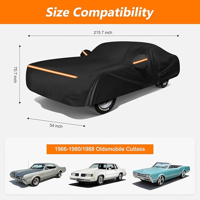Car Cover for Oldsmobile Cutlass 1966-1980/1988, Waterproof 420D Oxford Cloth and Cotton Cover Outdoor Full Car Covers with Zipper Windproof Heavy Duty All Weather Protection
