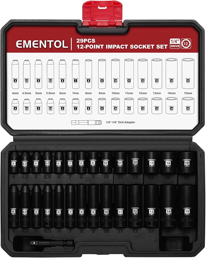 EMENTOL 1/4" Drive Impact Socket Set, 29 Pieces Deep & Shallow Socket Set, Metric 4-15mm, 12 Point CR-V, Includes Drill Bit Adapter
