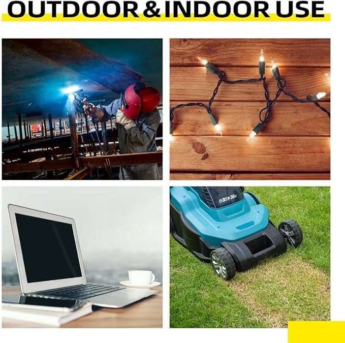 10 Ft Lighted Outdoor Extension Cord with 3 Electrical Power Outlets - 12/3 SJTW Heavy Duty Yellow Extension Cable with 3 Prong Grounded Plug for Safety, UL Listed