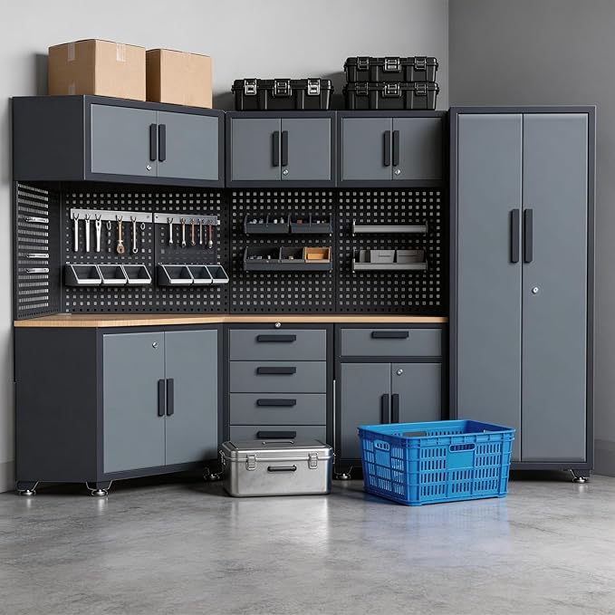 16PCS Garage Storage Cabinet System - Heavy Duty Workshop Set w/Corner Cabinet Includes Workbench, Pegboard & Lockable Drawers | Metal Tool Organization System for Garage/Workshop