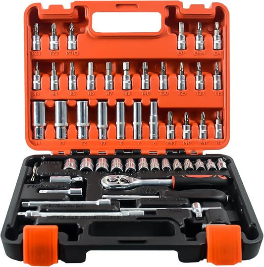 53 Pieces Socket Wrench Set Drive Socket Set with 1/4 Inch Ratcheting Wrench Plastic Toolbox Storage Case for Automotive Repair And Home Use