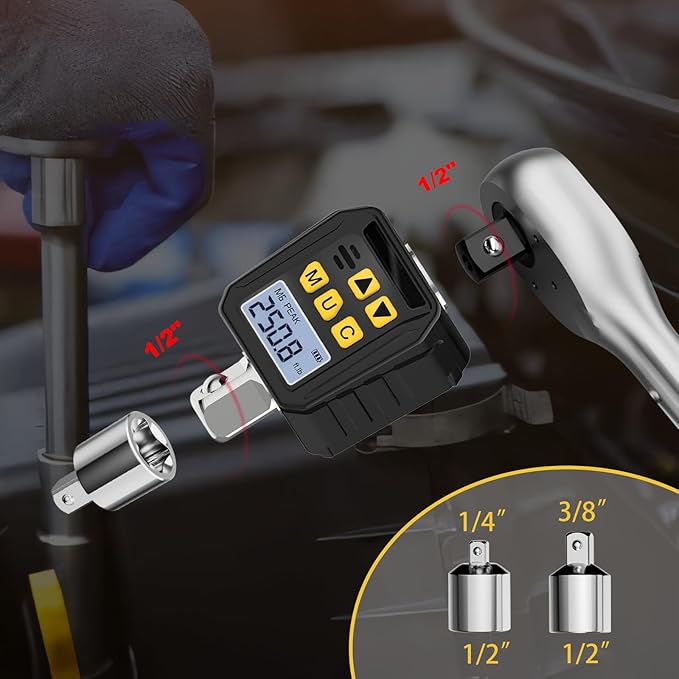 1/2” Drive Digital Torque Adapter, 12.54-250.8 Ft-lb/17-340 Nm Digital Torque Adapter Set with 3/8" and 1/4" Adapters, Buzzer & LED Flash Notification for Motorcycle Car Repair