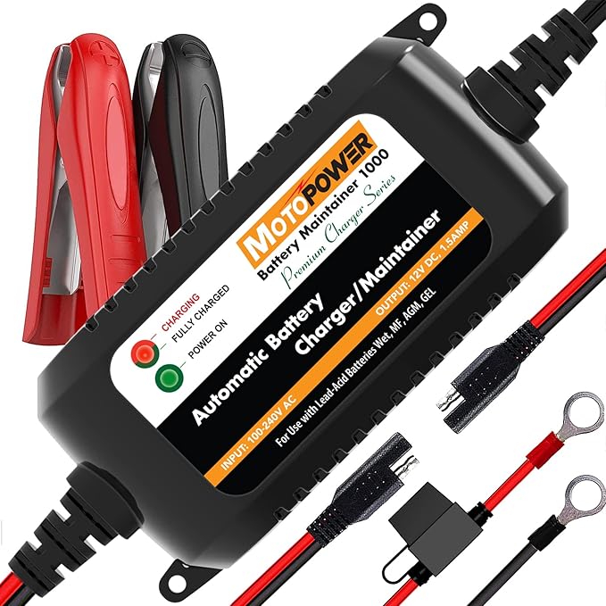 MOTOPOWER MP00206A 12V 1.5Amp Automatic Battery Charger, Battery Maintainer for Cars, Motorcycles, ATVs, RVs, Powersports, Boat and More