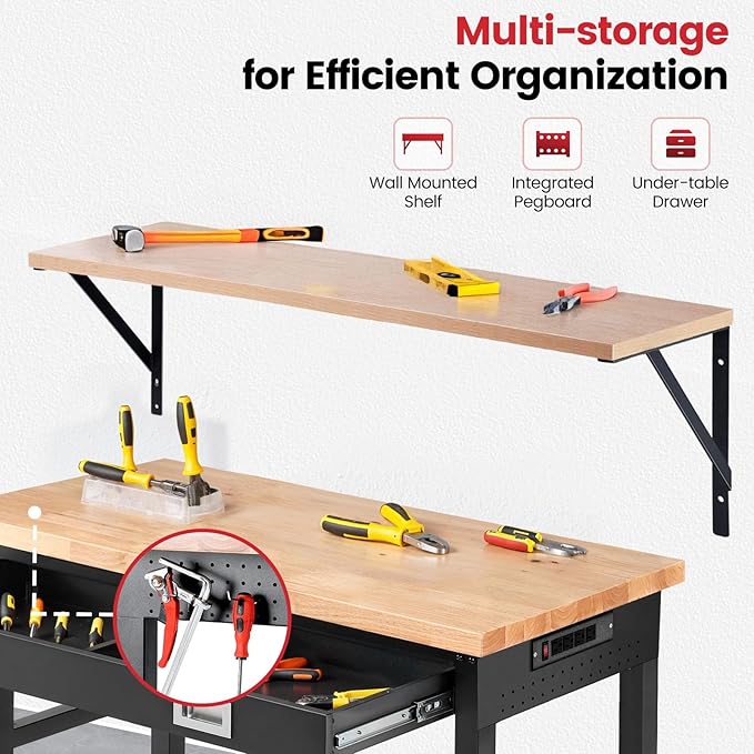 ENJOYWOOD 48" x 24" Heavy Duty Workbench Adjustable Height Garage Work Table with Solid Rubberwood Top, Drawer & Power Outlets for Workshop, Home & Office