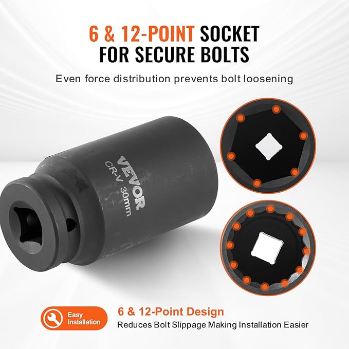 VEVOR Axle Nut Impact Socket Set - 1/2" Drive Deep 6+12-Point 14-Piece Metric Spindle Nut Socket CR-V Heat Treated Large Socket Set with Storage Case for Auto Repair, Removing or Installing Axle Nuts