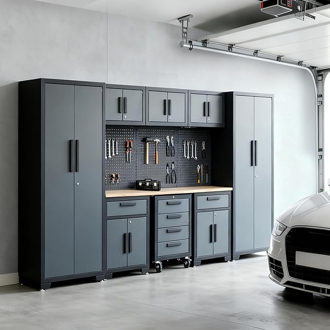 Garage Storage Cabinet System, 9PCS Tool Chest Workbench Storage System in Black, Included Steel Cabinets Drawers Rolling Chest and Pegboard,Locked Garage Storage Cabinet,Grey Handle