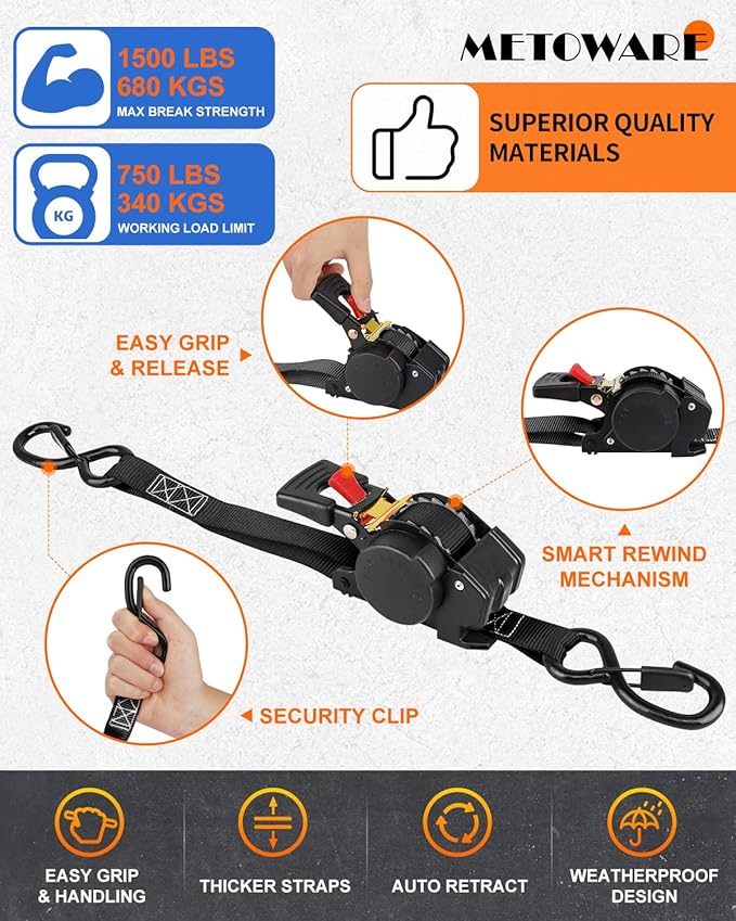 METOWARE Retractable Ratchet Straps (4-Pack) - 1" x 10' (1500lb Break Strength) - Heavy Duty Auto Self Retracting Tie Down Straps for Truck, Trailer, Cargo Van, Motorcycle - Black