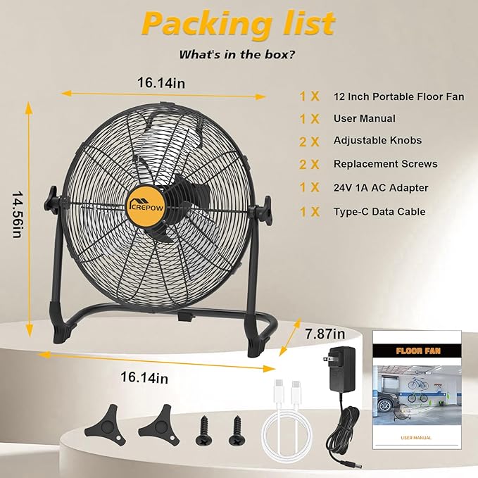 12" Battery Operated Floor Fan Compatible with Dewalt 20V Max Battery, Portable Cordless Fan with AC Adapter, USB and Type C Output, Variable Speed Fans for Jobsite Garage Camping (No Battery)