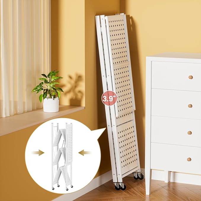 ALANNG Heavy Duty 4-Tier Folding Shelf with Wheels, No Tools Assembly Metal Storage Rack Cart, 264LBS Capacity for Kitchen, Pantry, Laundry Room, Garage, (White, 1PACK)