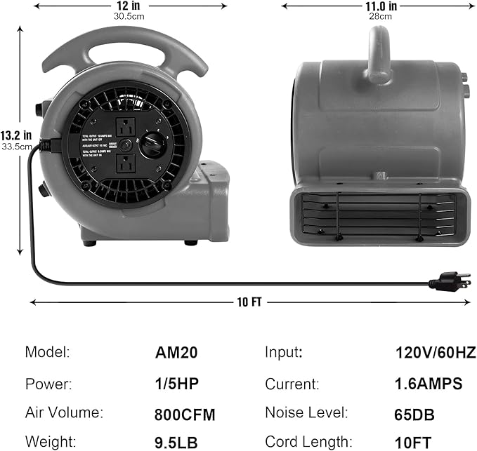 MOUNTO 1/5hp Air Mover 800cfm Blower Fan Carpet Floor Drying Fan - 3-Speed Compact Air Mover w/Dual Outlet, 10ft Power Cord for Drying, Cooling, Air Circulation (Grey), Small
