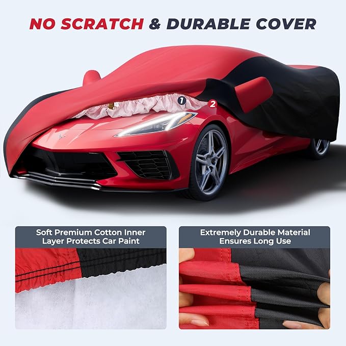 KAKIT Waterproof Car Cover Custom Fit for 2020-2022 C8 Stingray, UV Resistant Fade-Proof Cover for Chevy Corvette, Indoor & Outdoor Use (Red & Black Combo)