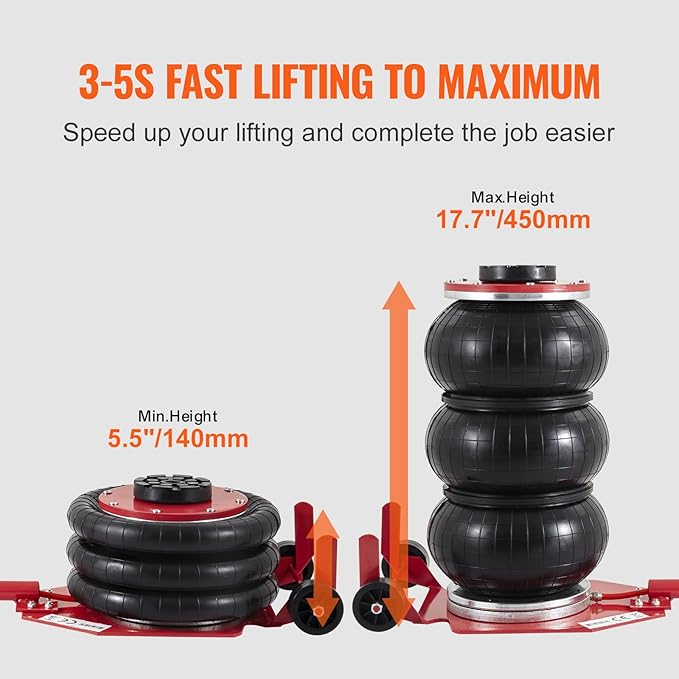VEVOR Air Jack, 3 Ton/6600 lbs Triple Bag Air Jack, Airbag Jack with Six Steel Pipes, Lift up to 17.7 inch/450 mm, 3-5 s Fast Lifting Pneumatic Jack, with Long Handles for Cars, Repair, (Red)