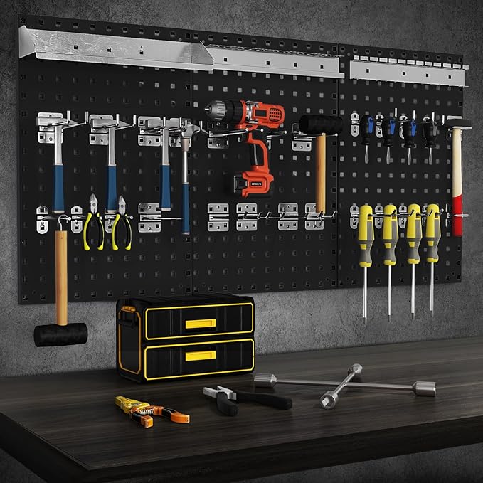 Goplus Garage Pegboard, Metal Pegboard Tool Organizer Kit with 3 Pegboards & 28 Pcs Hanging Accessories, Heavy Duty Wall Organizer Peg Board for Workshop, Tool Storage, Black