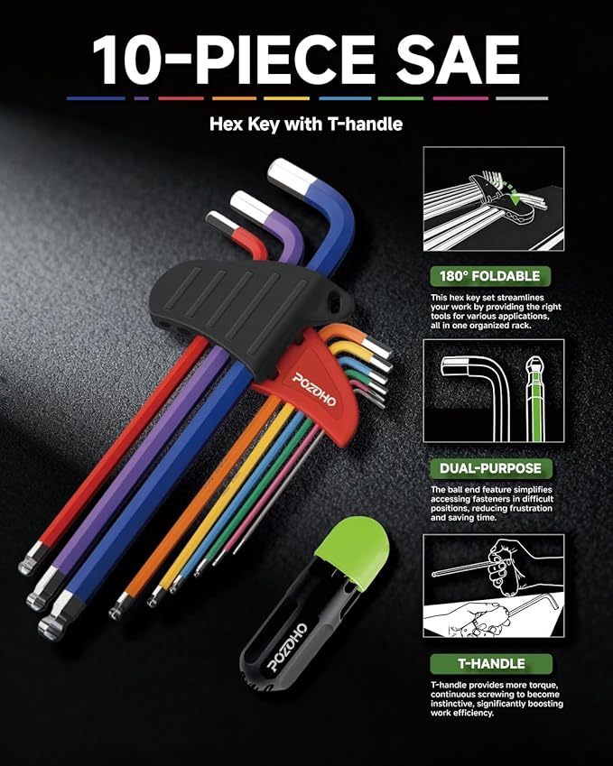10-Piece Extra-Long Arm SAE(1/16"-3/8") Hex Key Set | Color-Coded Ball End Allen Wrench with Torque Handle | Cr-V Steel, Anti-Rust for Motorcycle, Bike, Car & DIY, PTM01010B