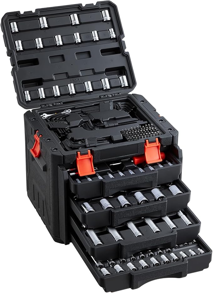 VEVOR Mechanics Tool Set, 230-Piece Mechanic Tool Kit, 1/4 in, 3/8 in, and 1/2 in Drive, SAE and Metric Socket Set, Wrenches, Screwdriver Bits, Accessories, and Storage Case, for Automotive Repair