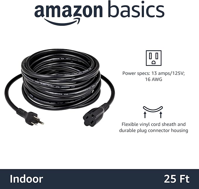 Amazon Basics Indoor Extension Cord, 3 Prong Outlet Extender Power Cord, 13 Amps, 125V, 25 Foot, Black, 2-Pack