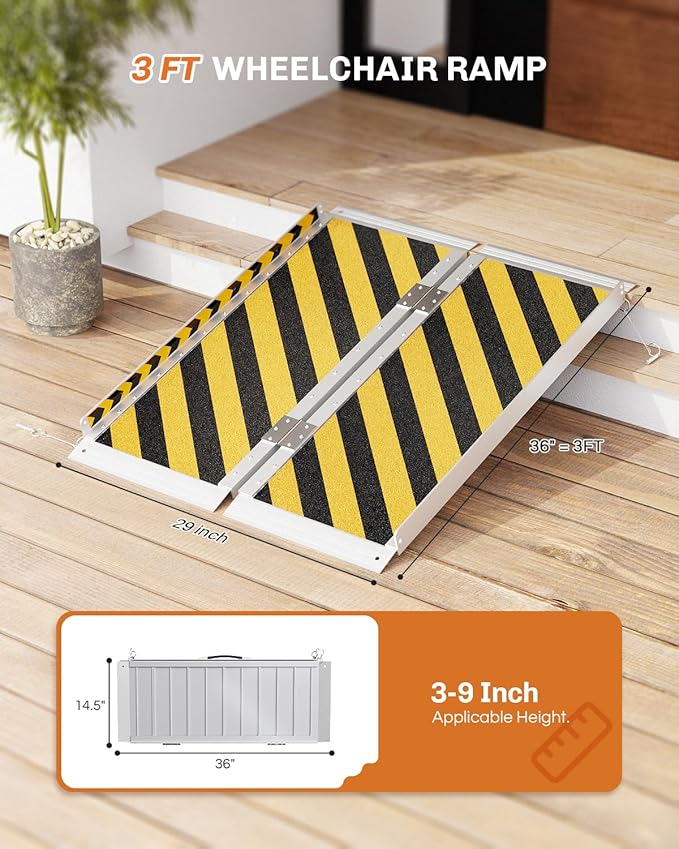 Portable Wheelchair Ramp 3 FT, Aluminum Folding Ramps for Wheelchairs for Home with Handle & Non-Skid Surface, 801 lbs Threshold Ramps for Doorways Steps Stairs Entry Cars Use