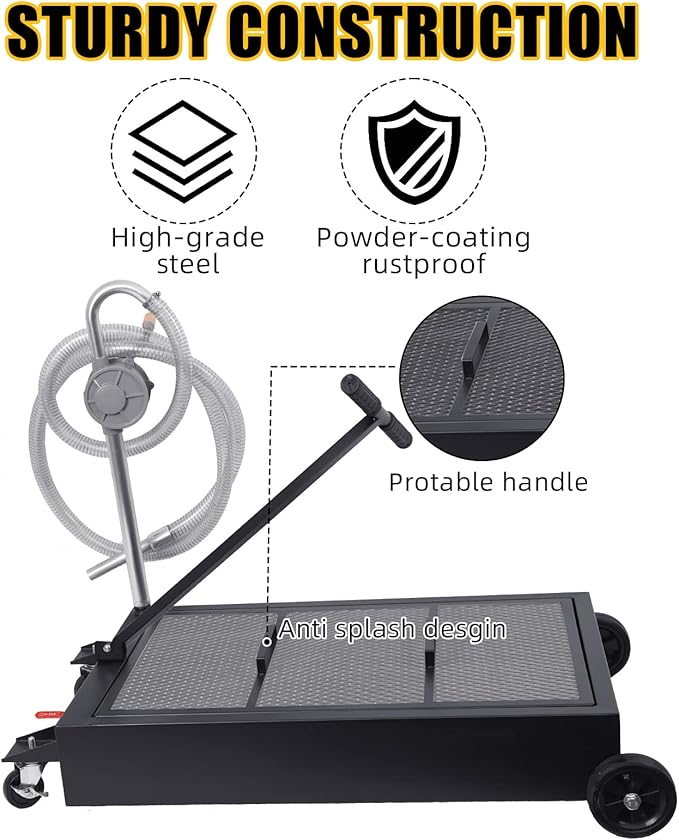25 Gallon Oil Drain Pan 95L Foldable Low Profile Oil Drain Pan, Large Capacity Oil Change Pan, with Pump, Hose