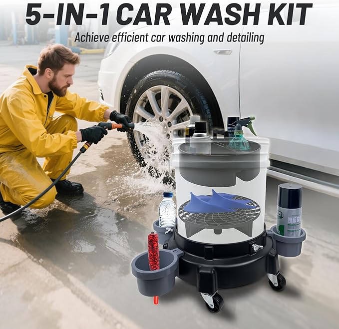 ROBLOCK 5 Gallon Bucket Dolly Roller with Dirt and Grit Traps Insert, Car Hose Guide, Bucket Tool Organizer, 3 Removable Bottle Holders, 5-in-1 Car Wash Kit for Cleaning Detailing Carrying