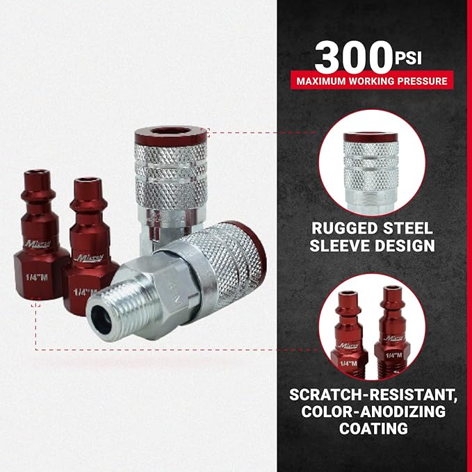California Air Tools 15020C Ultra Quiet & Oil-Free 2.0 Hp 15.0 gallon Steel Tank Air Compressor and Milton S-314MKIT ColorFit Coupler & Plug Kit - (M-Style, Red) - 1/4" NPT, (14-Piece)
